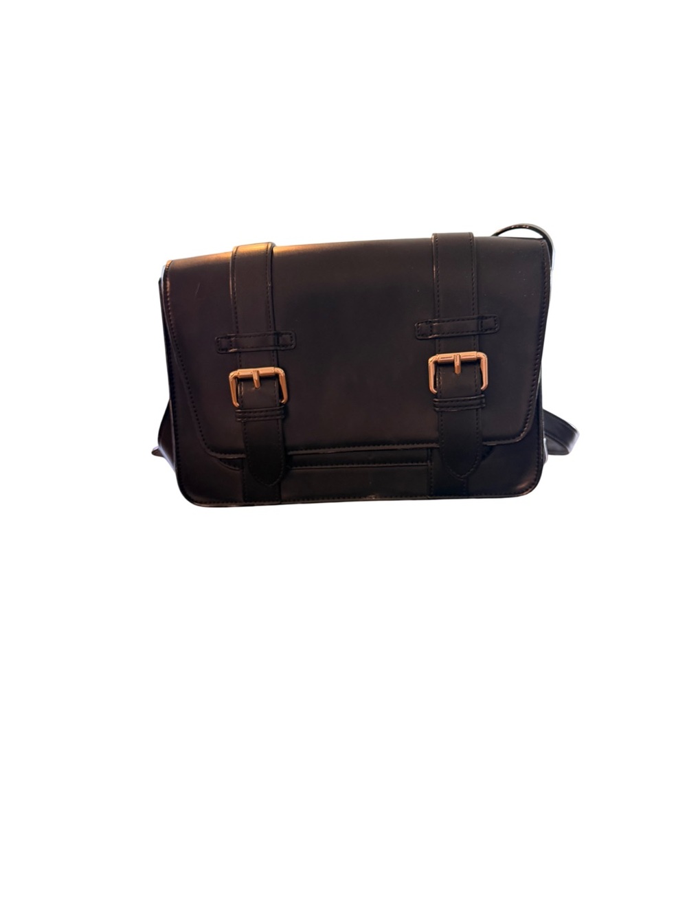 Men's Black Leather Messenger Bag with Buckle Accents